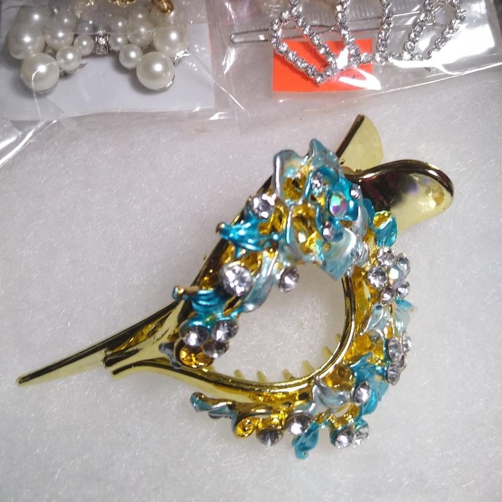 Hair Barrette Turquoise Blue Floral Beaded Shiny Gold Acrylic Alligator Clip